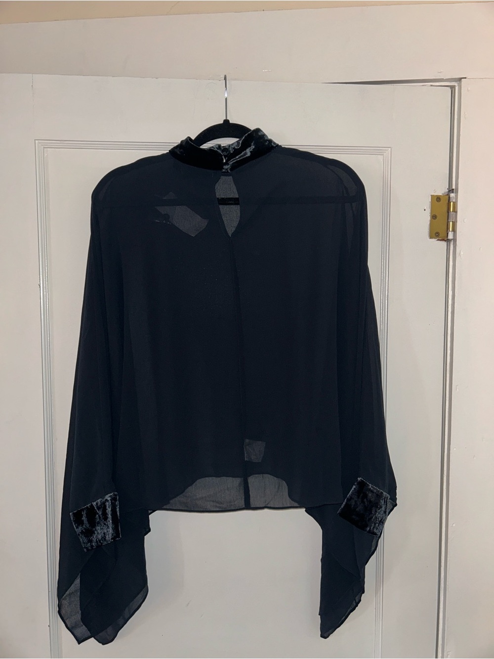DG2 by Diane Gilman Black Sheer Draped Blouse with Velvet Trim